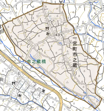 一宮町市之蔵とその周辺の地図。町の範囲を重ねている