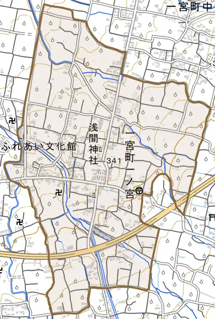 一宮町一ノ宮とその周辺の地図。町の範囲を重ねている