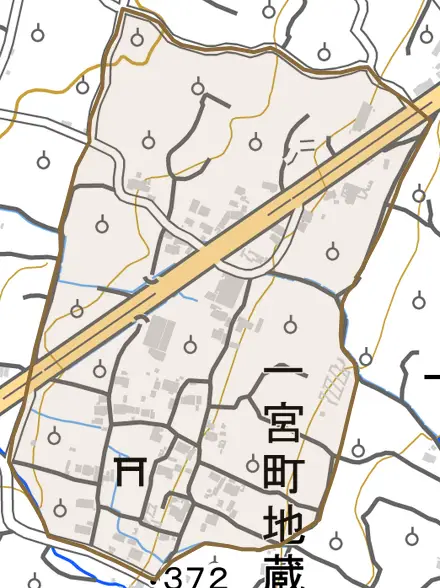 一宮町地蔵堂とその周辺の地図。町の範囲を重ねている