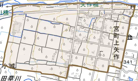 一宮町上矢作とその周辺の地図。町の範囲を重ねている