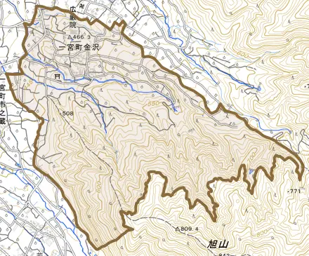一宮町金沢とその周辺の地図。町の範囲を重ねている
