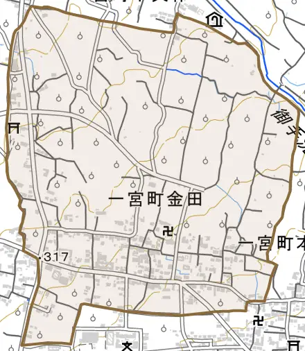 一宮町金田とその周辺の地図。町の範囲を重ねている
