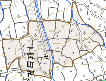 一宮町神沢とその周辺の地図。町の範囲を重ねている