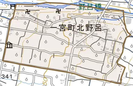 一宮町北野呂とその周辺の地図。町の範囲を重ねている