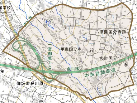 一宮町国分とその周辺の地図。町の範囲を重ねている