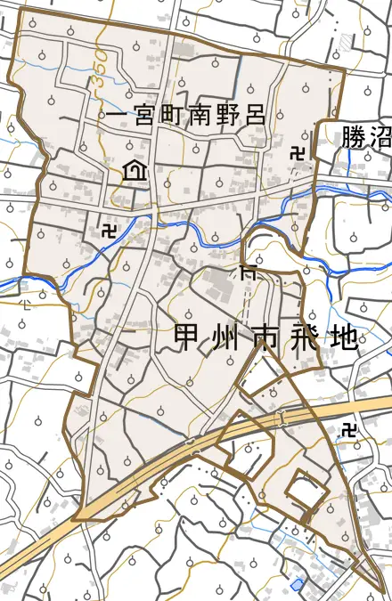 一宮町南野呂とその周辺の地図。町の範囲を重ねている