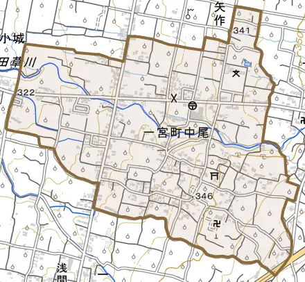 一宮町中尾とその周辺の地図。町の範囲を重ねている