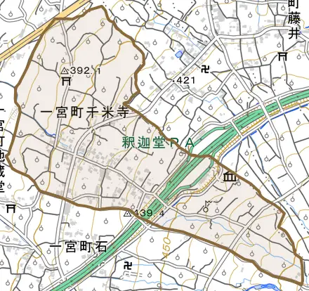 一宮町千米寺とその周辺の地図。町の範囲を重ねている