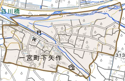 一宮町下矢作とその周辺の地図。町の範囲を重ねている