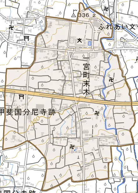 一宮町末木とその周辺の地図。町の範囲を重ねている