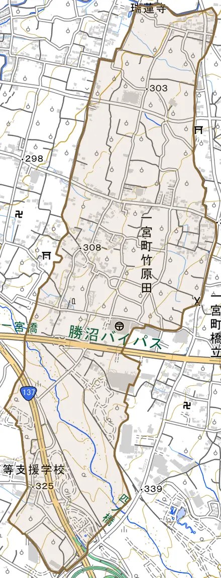 一宮町竹原田とその周辺の地図。町の範囲を重ねている