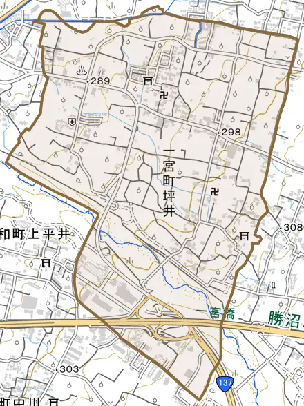 一宮町坪井とその周辺の地図。町の範囲を重ねている