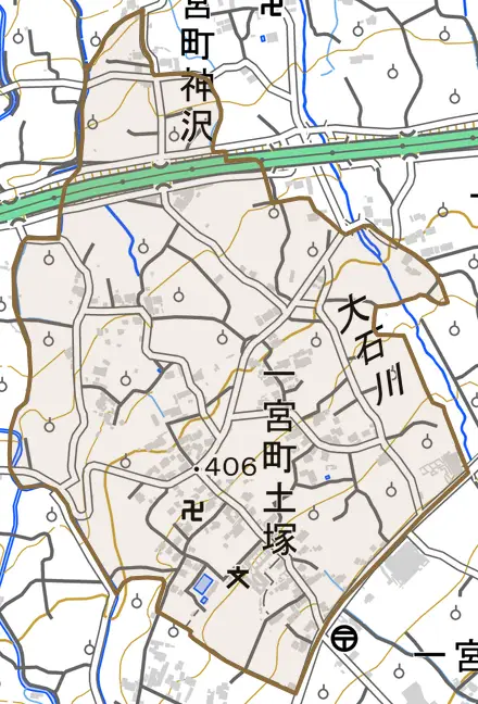 一宮町土塚とその周辺の地図。町の範囲を重ねている