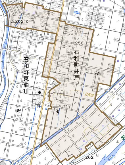 石和町井戸とその周辺の地図。町の範囲を重ねている