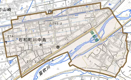 石和町川中島とその周辺の地図。町の範囲を重ねている