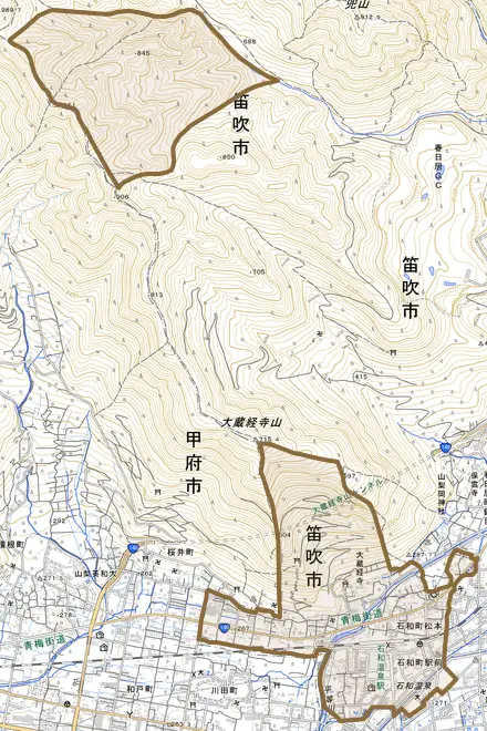 石和町松本とその周辺の地図。町の範囲を重ねている