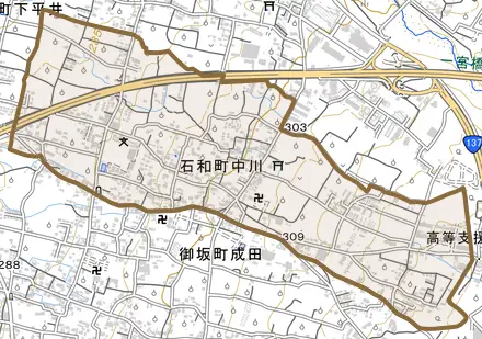 石和町中川とその周辺の地図。町の範囲を重ねている
