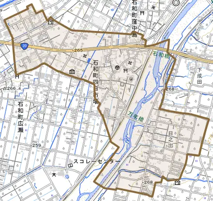 石和町四日市場とその周辺の地図。町の範囲を重ねている