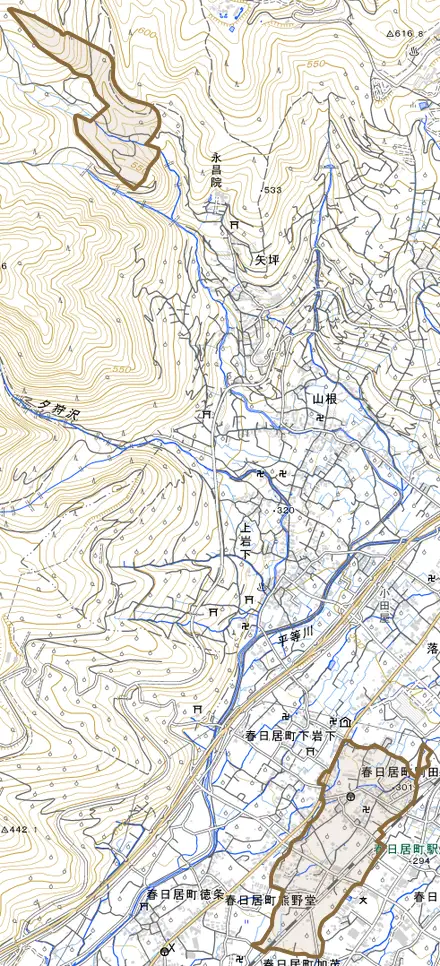 春日居町別田とその周辺の地図。町の範囲を重ねている