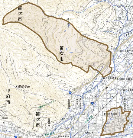 春日居町国府とその周辺の地図。町の範囲を重ねている