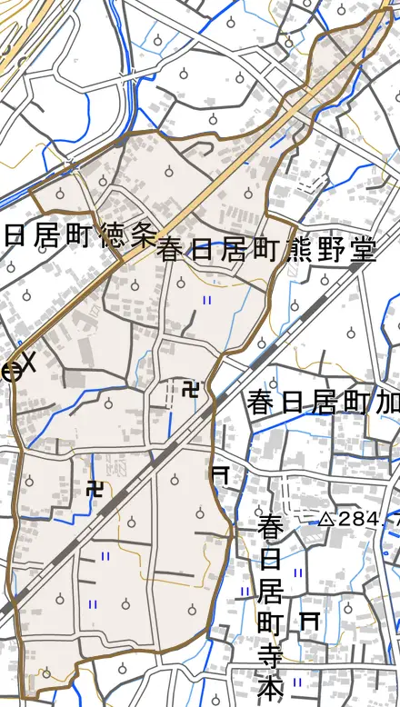 春日居町熊野堂とその周辺の地図。町の範囲を重ねている