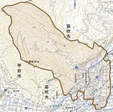 春日居町鎮目とその周辺の地図。町の範囲を重ねている