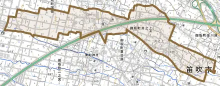 御坂町井之上とその周辺の地図。町の範囲を重ねている