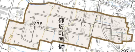 御坂町国衙とその周辺の地図。町の範囲を重ねている