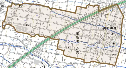 御坂町二之宮とその周辺の地図。町の範囲を重ねている