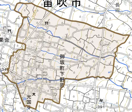 御坂町下野原とその周辺の地図。町の範囲を重ねている