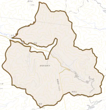 御坂町藤野木とその周辺の地図。町の範囲を重ねている