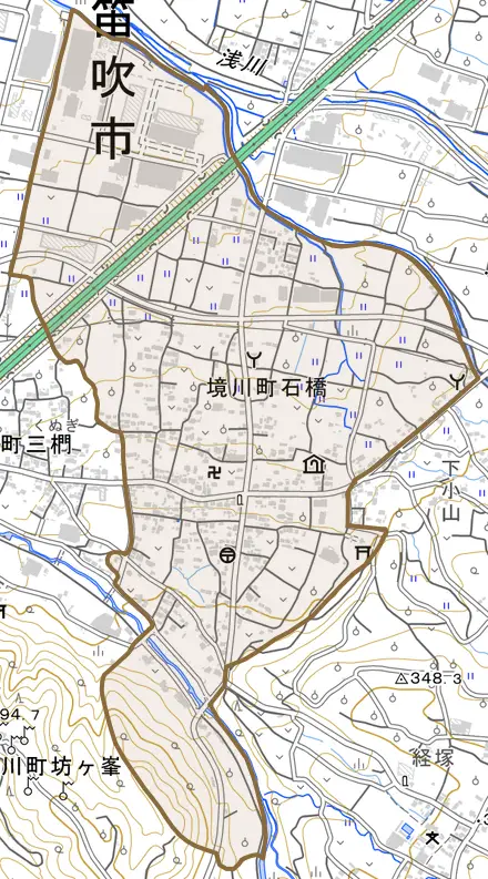 境川町石橋とその周辺の地図。町の範囲を重ねている