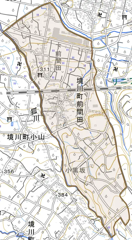 境川町前間田とその周辺の地図。町の範囲を重ねている