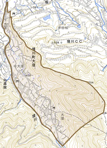 境川町大窪とその周辺の地図。町の範囲を重ねている