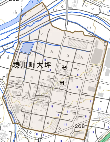 境川町大坪とその周辺の地図。町の範囲を重ねている