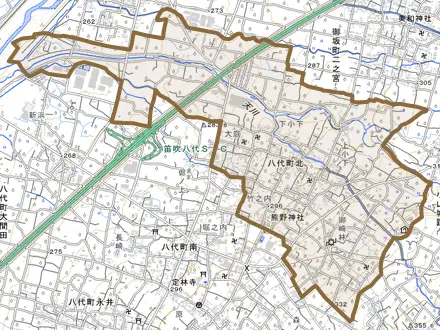 八代町北とその周辺の地図。町の範囲を重ねている