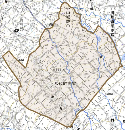 八代町高家とその周辺の地図。町の範囲を重ねている