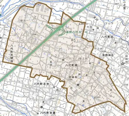 八代町南とその周辺の地図。町の範囲を重ねている