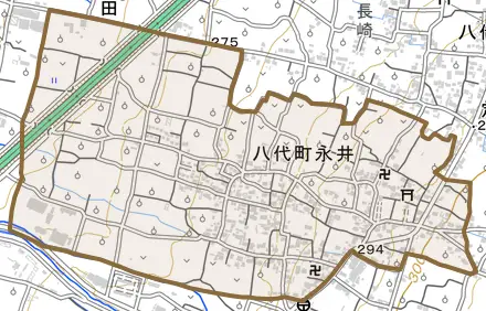 八代町永井とその周辺の地図。町の範囲を重ねている