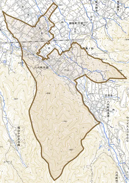 八代町竹居とその周辺の地図。町の範囲を重ねている