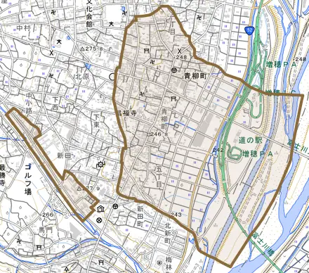 青柳町とその周辺の地図。町の範囲を重ねている