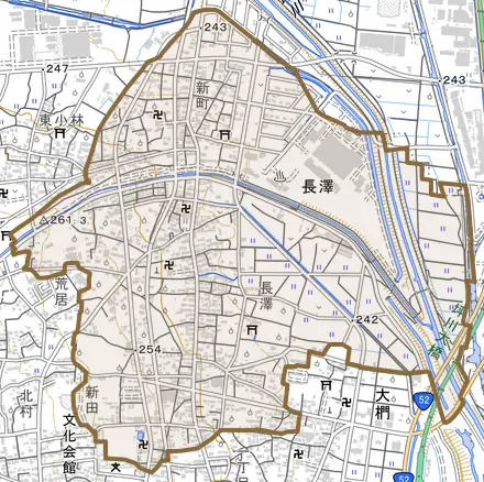 長澤とその周辺の地図。町の範囲を重ねている