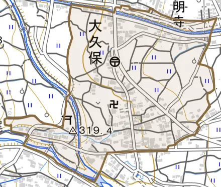 大久保とその周辺の地図。町の範囲を重ねている