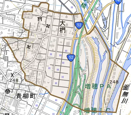 大椚とその周辺の地図。町の範囲を重ねている