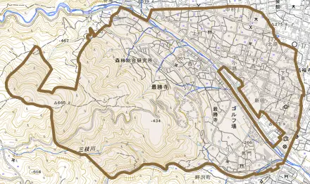 最勝寺とその周辺の地図。町の範囲を重ねている