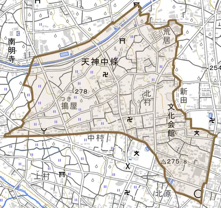 天神中條とその周辺の地図。町の範囲を重ねている