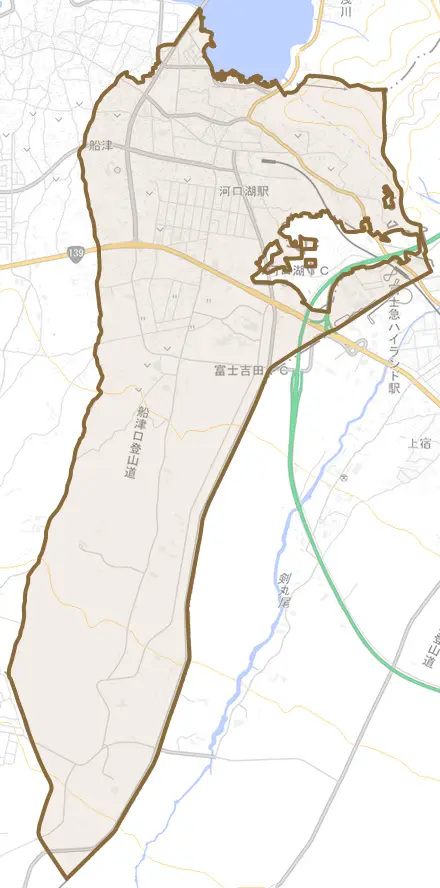 船津とその周辺の地図。町の範囲を重ねている