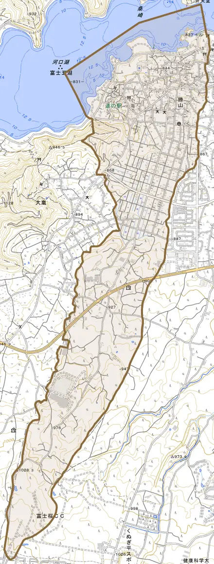 勝山とその周辺の地図。町の範囲を重ねている
