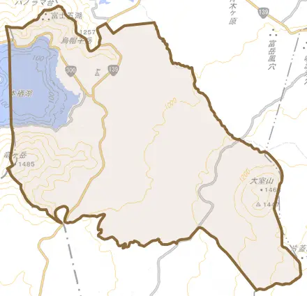 本栖とその周辺の地図。町の範囲を重ねている