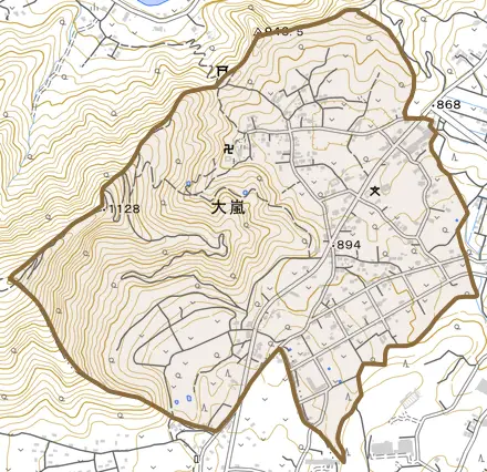 大嵐とその周辺の地図。町の範囲を重ねている